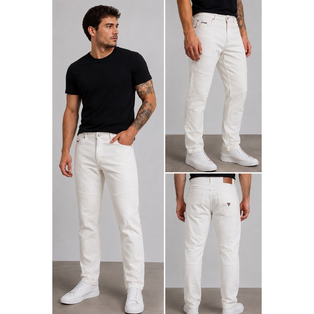 G‎ BY GUESS Moto Biker Jeans White Zipper Detail Slim Fit Size 36 Men's